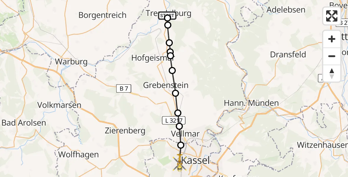 Flugroute Rettungshubschrauber Trendelburg - Kassel, 09 März 2026, 10:09