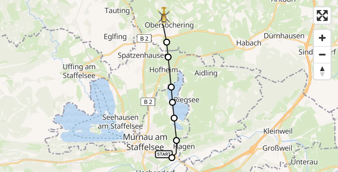 Flugroute Rettungshubschrauber Murnau Accident Hospital - Untersöchering, 09 März 2026, 10:09