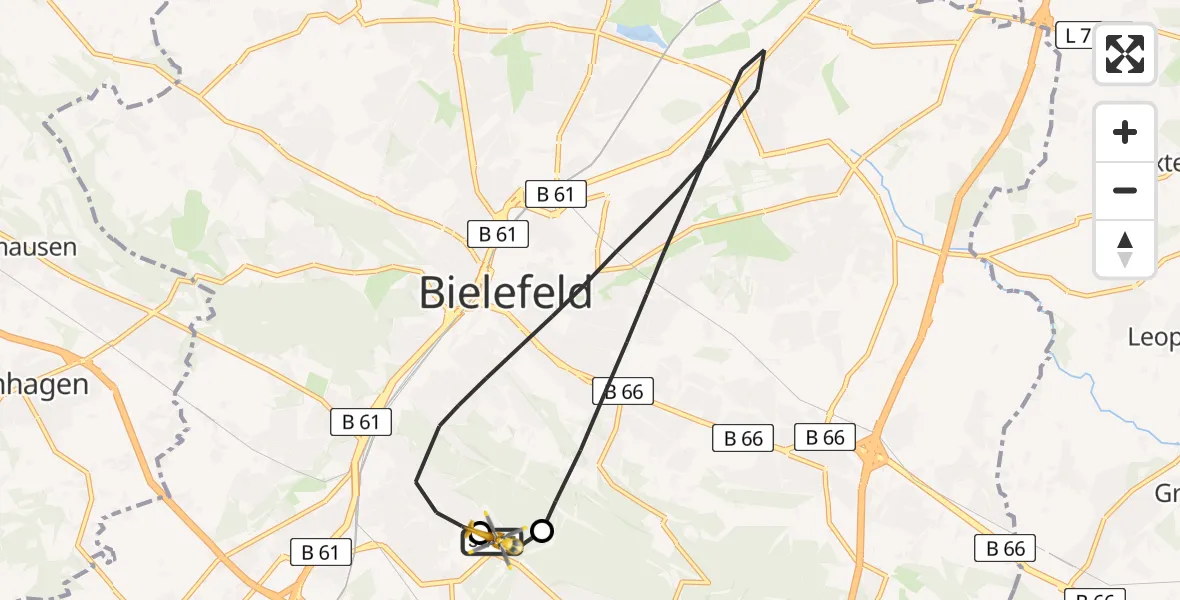 Flugroute Rettungshubschrauber Luftrettungszentrum Bielefeld - Luftrettungszentrum Bielefeld, 09 März 2026, 10:10