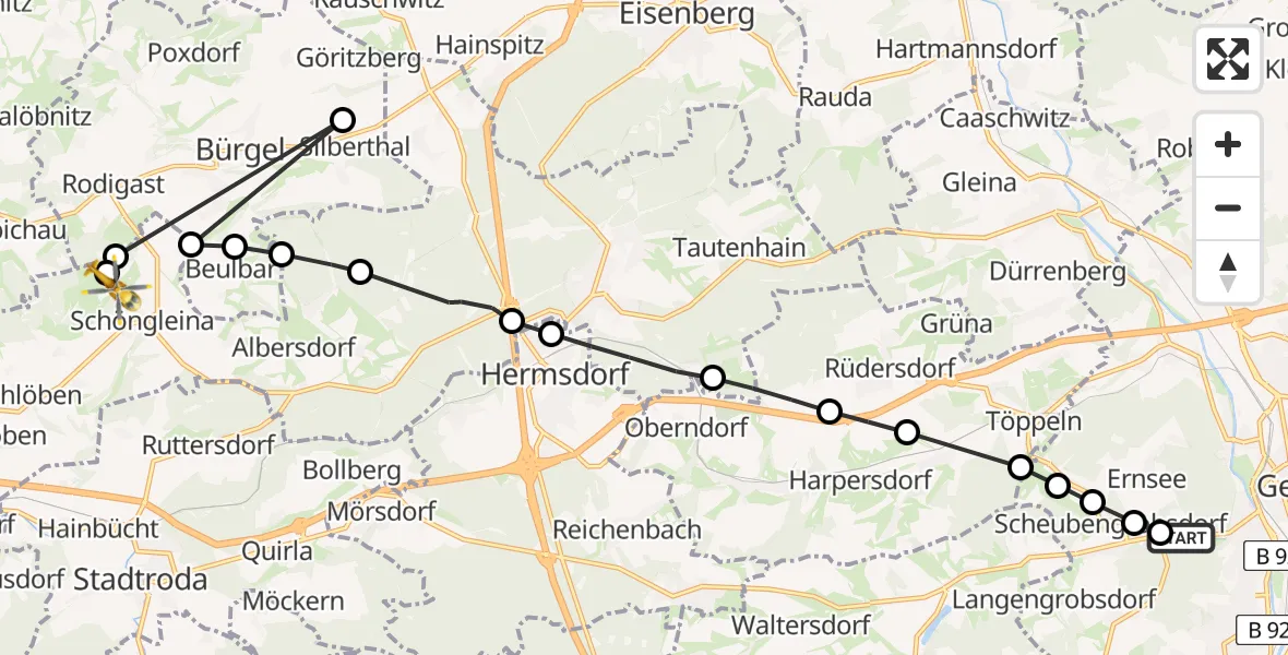 Routekaart van de vlucht: Rettungshubschrauber nach Jena-Schöngleina Airfield
