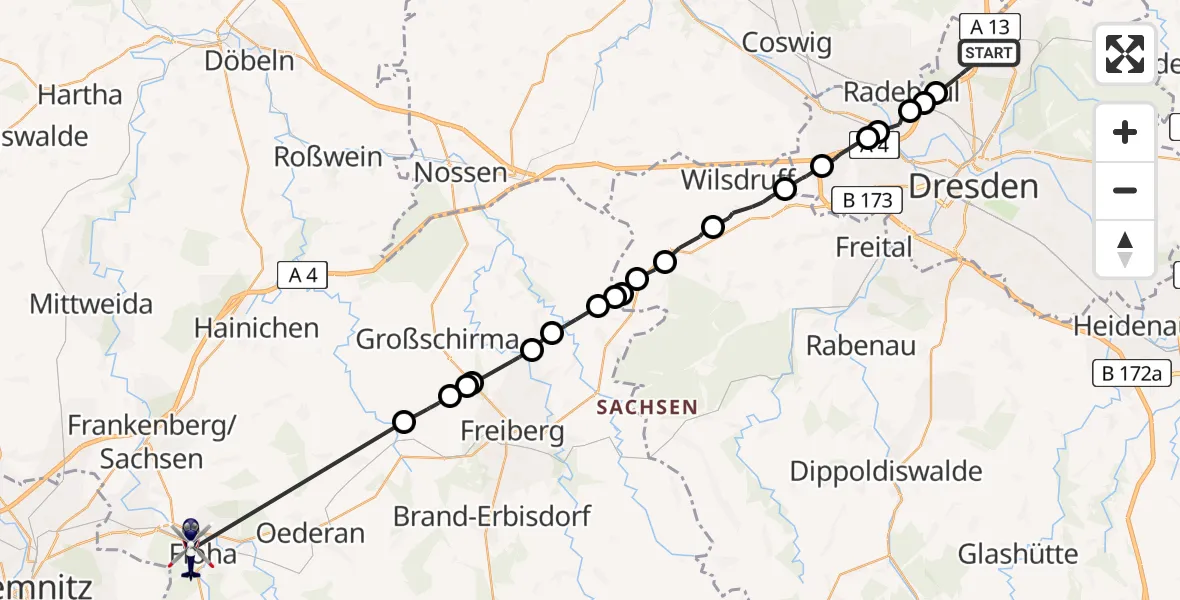 Routekaart van de vlucht: Polizeihubschrauber nach Flöha, Struthweg