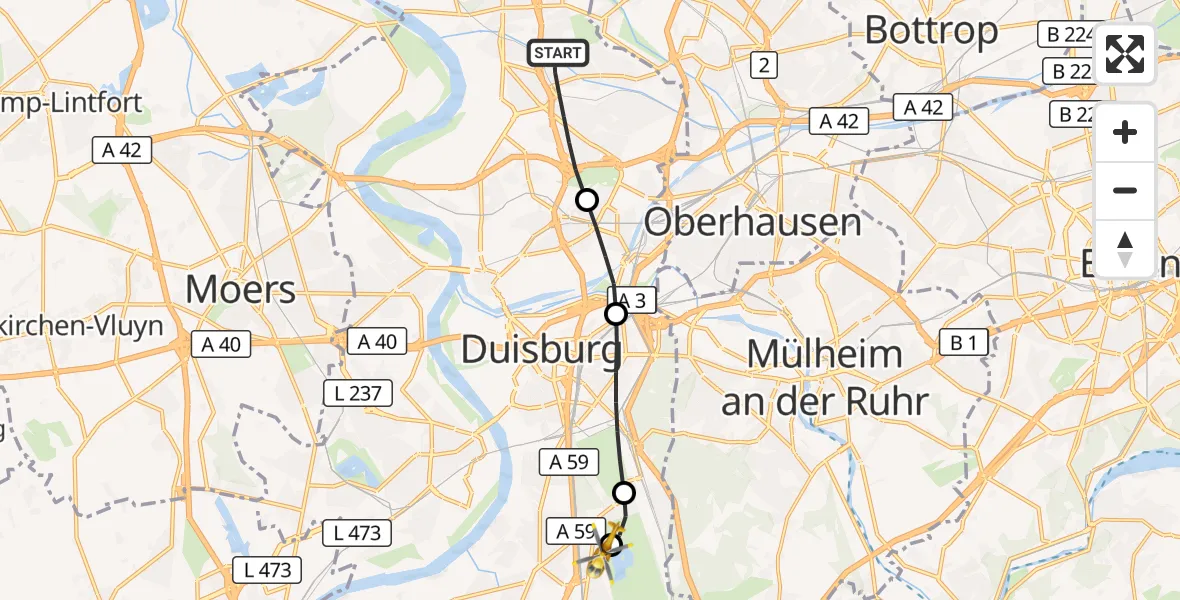 Flugroute Rettungshubschrauber Hamborn - Duisburg Air Rescue Heliport (Christoph 9), 09 März 2026, 10:14