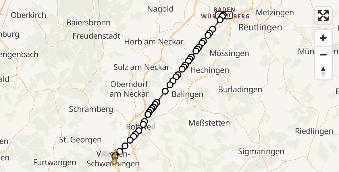 Flugroute Rettungshubschrauber Tübingen Trauma Hospital - DRF Air Rescue Station Villingen-Schwenningen Heliport (Christoph 11), 09 März 2026, 10:16