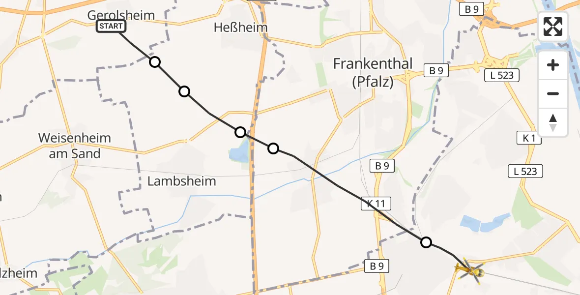 Routekaart van de vlucht: Rettungshubschrauber nach Ludwigshafen Accident Hospital Heliport