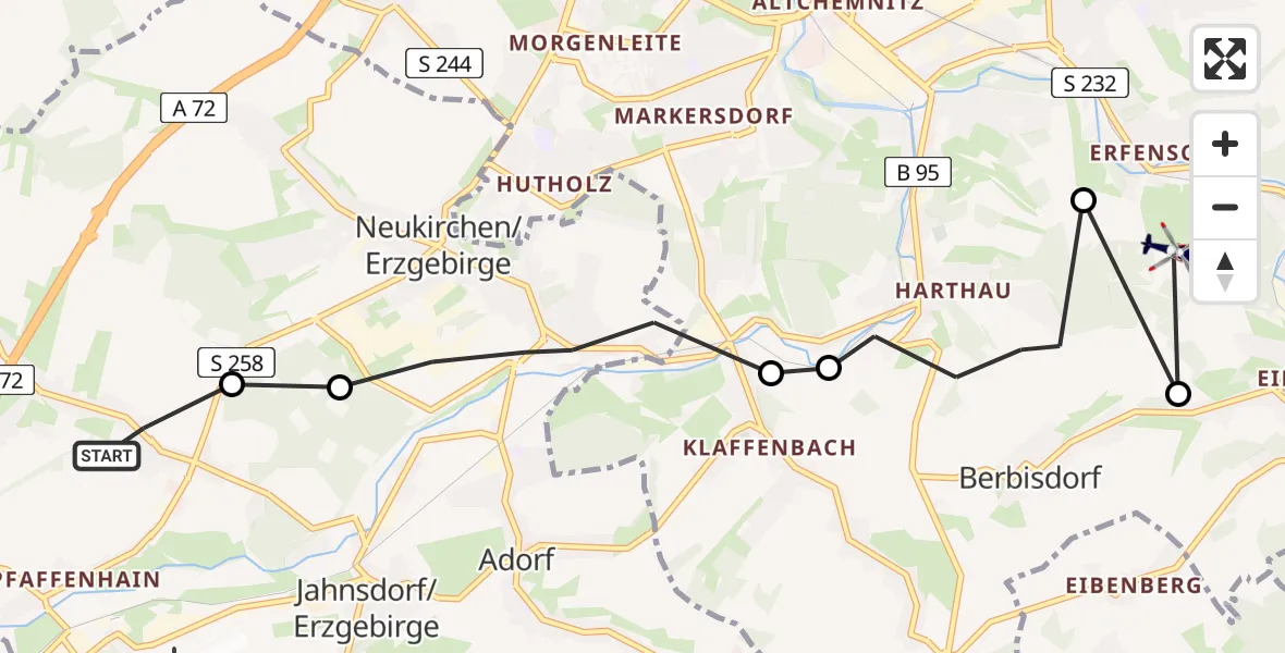 Flugroute Polizeihubschrauber Leukersdorf - Chemnitz, 09 März 2026, 10:22