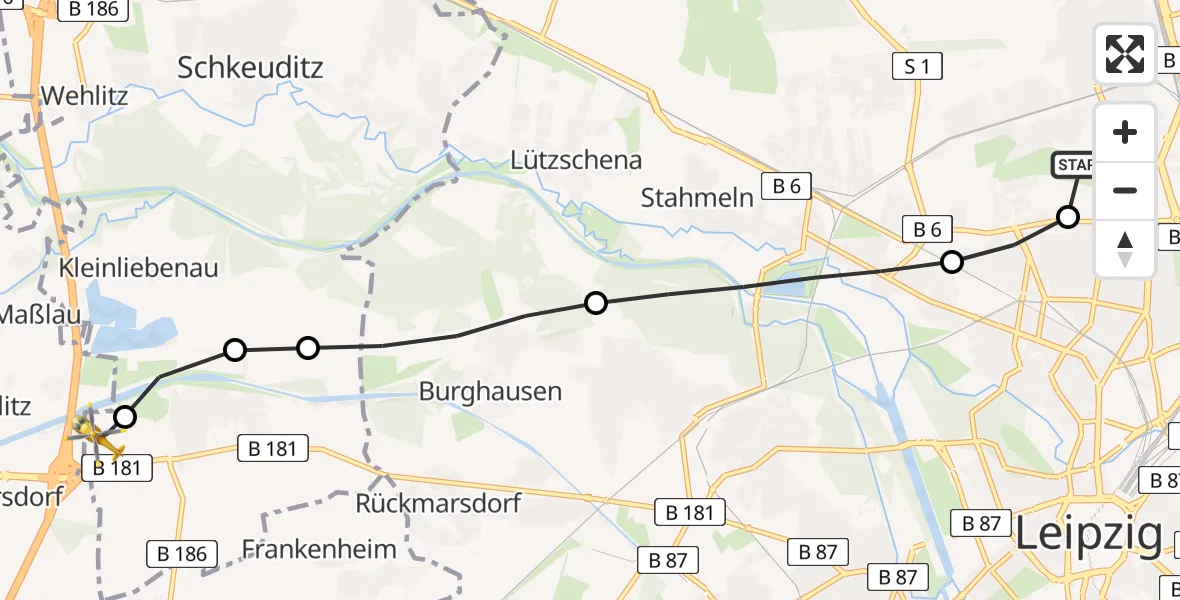 Flugroute Rettungshubschrauber Sankt Georg Hospital Leipzig Reserve - ADAC Air Rescue Station Leipzig/Schkeuditz-Dölzig Heliport (Christoph 61), 09 März 2026, 10:23