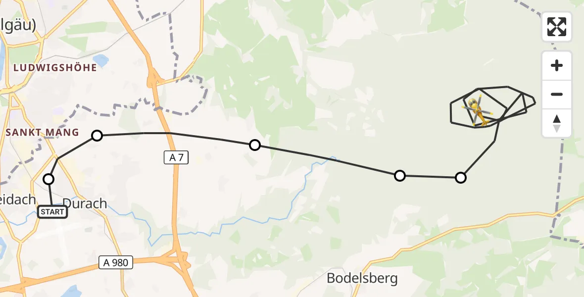 Flugroute Rettungshubschrauber Kempten-Durach Airfield - Kempter Wald, 09 März 2026, 10:23