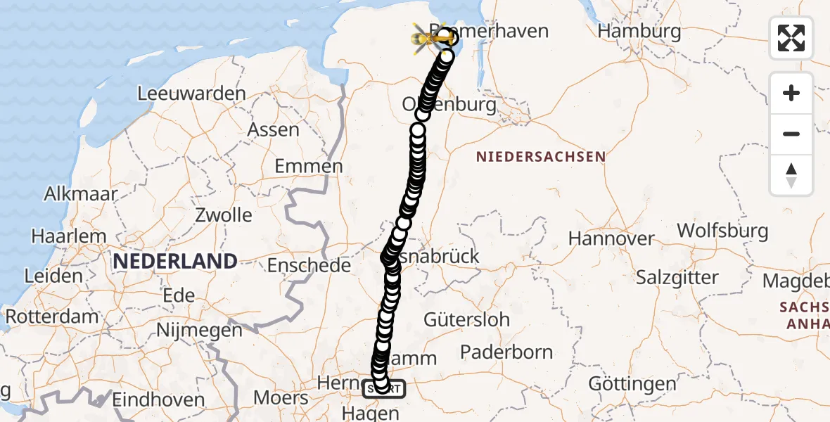Flugroute Ambulanzhubschrauber Dortmund Airport - Wilhelmshaven, 09 März 2026, 10:28