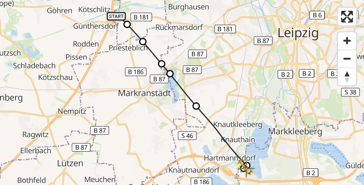Flugroute Rettungshubschrauber ADAC Air Rescue Station Leipzig/Schkeuditz-Dölzig Heliport (Christoph 61) - Zwenkau, 09 März 2026, 10:37