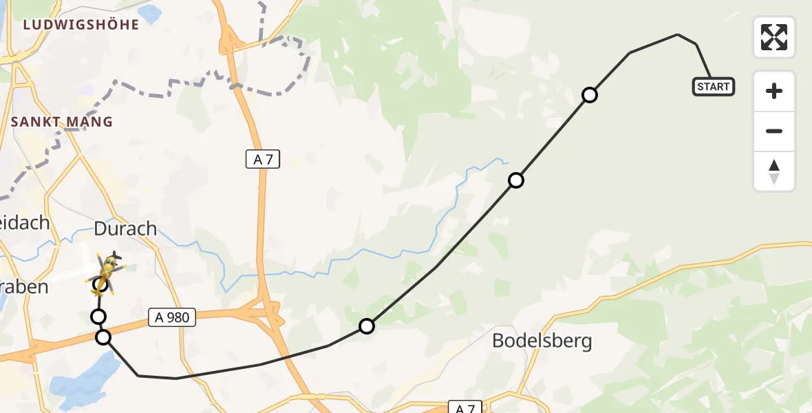 Flugroute Rettungshubschrauber Kempter Wald - Kempten-Durach Airfield, 09 März 2026, 10:39
