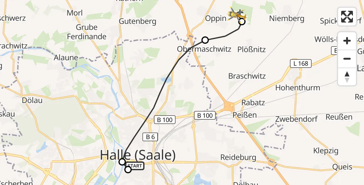 Flugroute Ambulanzhubschrauber Sankt Elisabeth and Sankt Barbara Hospital Halle (Saale) - Halle-Oppin Airfield, 09 März 2026, 10:50