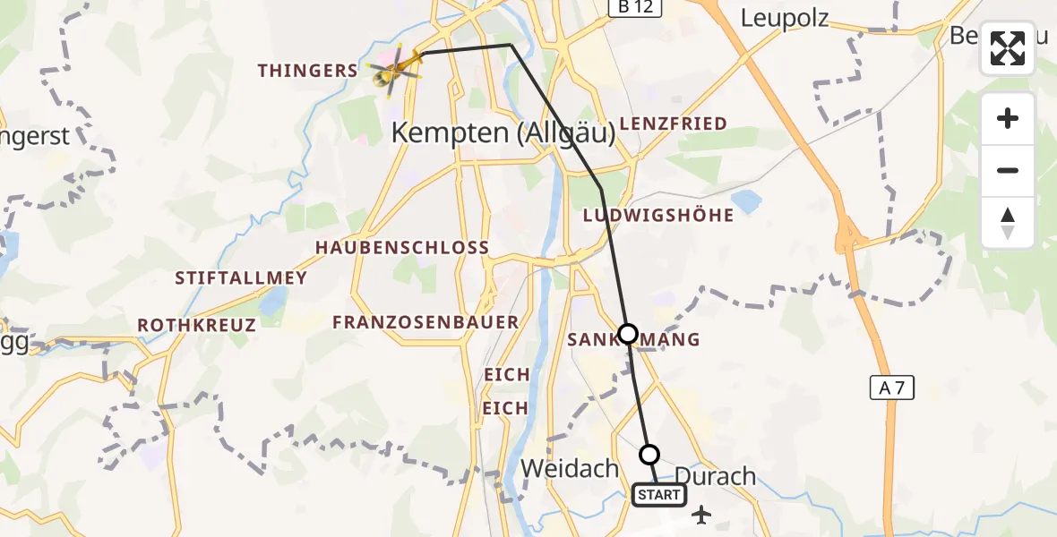 Flugroute Rettungshubschrauber Kempten-Durach Airfield - Kempten (Allgäu), 09 März 2026, 10:53