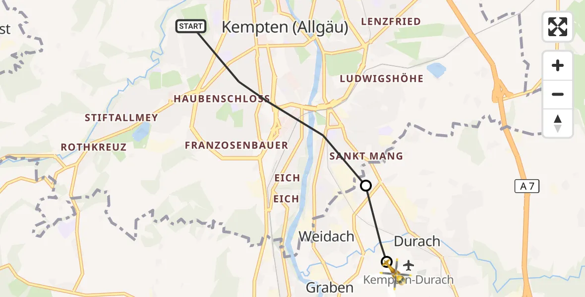 Flugroute Rettungshubschrauber Kempten (Allgäu) - Kempten-Durach Airfield, 09 März 2026, 10:57