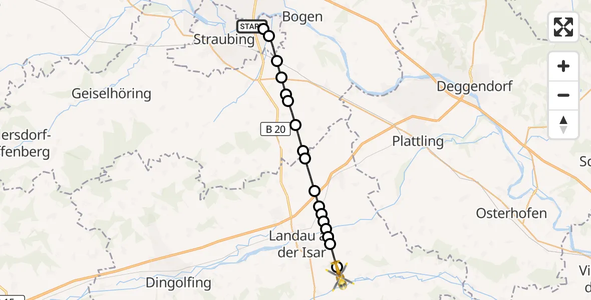 Flugroute Rettungshubschrauber Straubing-Ost - Wildthurn, 09 März 2026, 11:00