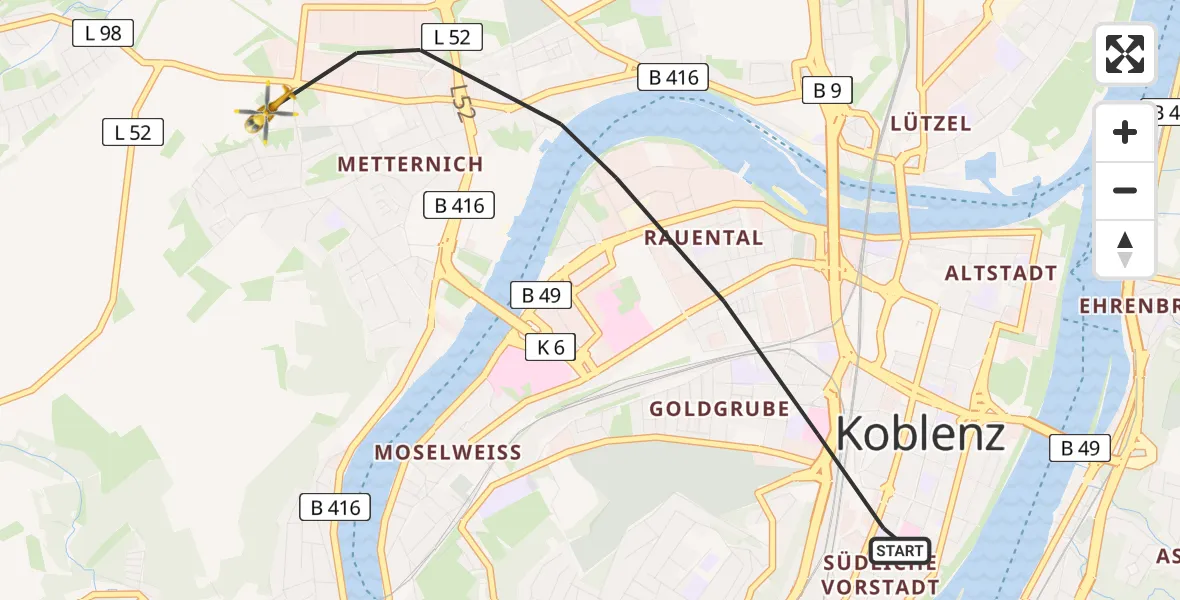 Flugroute Rettungshubschrauber Koblenz - Koblenz, 09 März 2026, 11:01