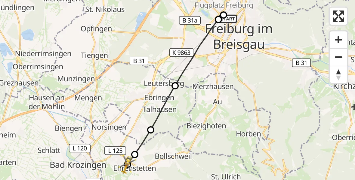 Flugroute Rettungshubschrauber Freiburg University Hospital Heliport 1 - Ehrenstetten, 09 März 2026, 11:02