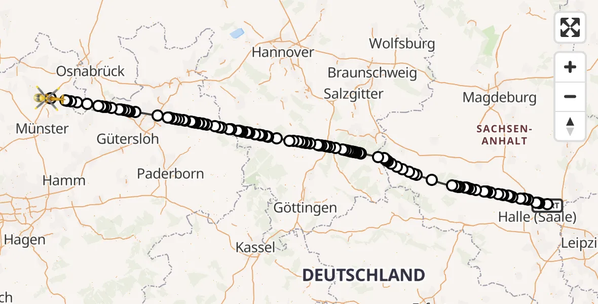 Flugroute Ambulanzhubschrauber Halle-Oppin Airfield - Christoph  Westfalen-ADAC, 09 März 2026, 11:06