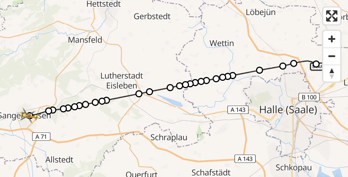 Routekaart van de vlucht: Rettungshubschrauber nach Helios Clinic Mansfeld-Südharz