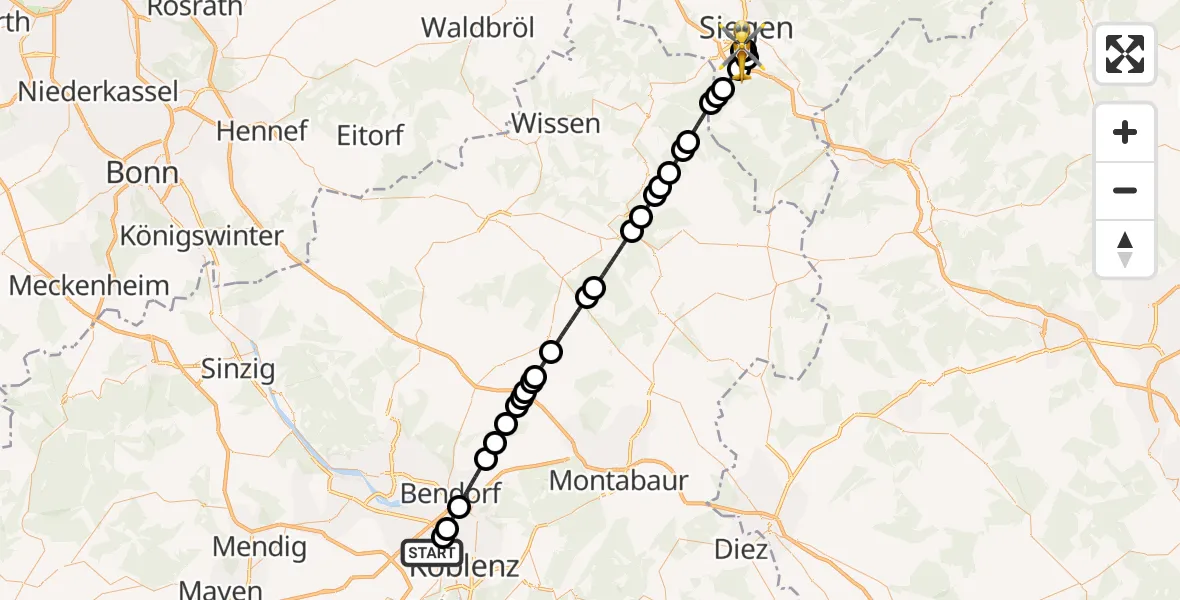 Flugroute Rettungshubschrauber Koblenz - Evangelisches Jung-Stilling Hospital, 09 März 2026, 11:24
