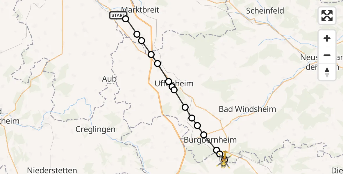 Flugroute Rettungshubschrauber Ochsenfurt Hospital - Ermetzhof, 09 März 2026, 11:36