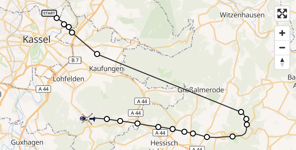 Flugroute Polizeihubschrauber Ihringshausen - Wellerode, 09 März 2026, 11:52