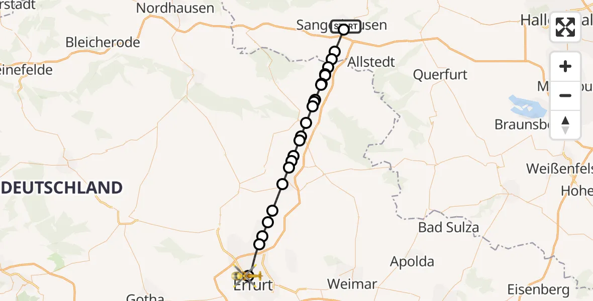 Flugroute Rettungshubschrauber Helios Clinic Mansfeld-Südharz - Helios Clinic Erfurt, 09 März 2026, 11:53