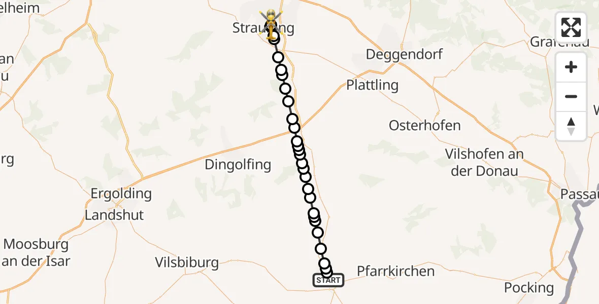Flugroute Rettungshubschrauber Eggenfelden - Sankt Elisabeth Hospital Straubing, 09 März 2026, 12:08