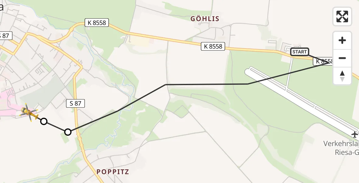 Flugroute Rettungshubschrauber Riesa - Riesa Hospital, 09 März 2026, 12:08