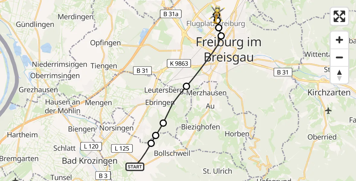 Flugroute Rettungshubschrauber Ehrenstetten - Freiburg im Breisgau Airfield, 09 März 2026, 12:11