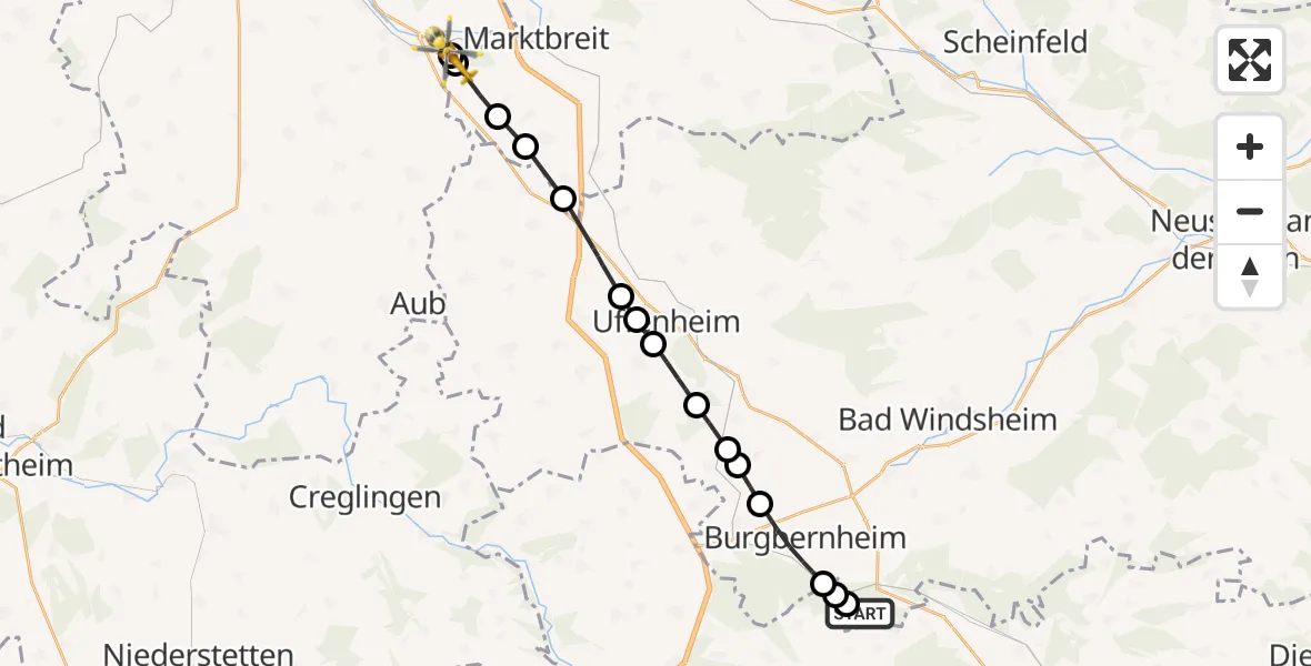 Flugroute Rettungshubschrauber Ermetzhof - Ochsenfurt Hospital, 09 März 2026, 12:13