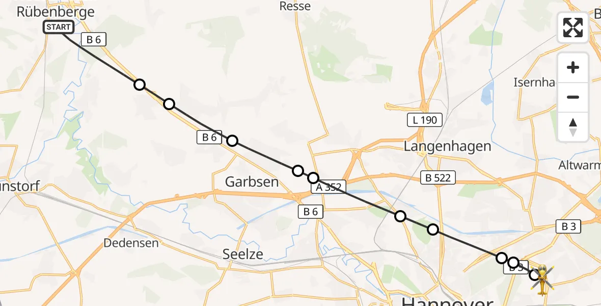 Flugroute Ambulanzhubschrauber Neustadt am Rübenberge - Hannover Air Rescue Heliport (Christoph 4), 09 März 2026, 12:15
