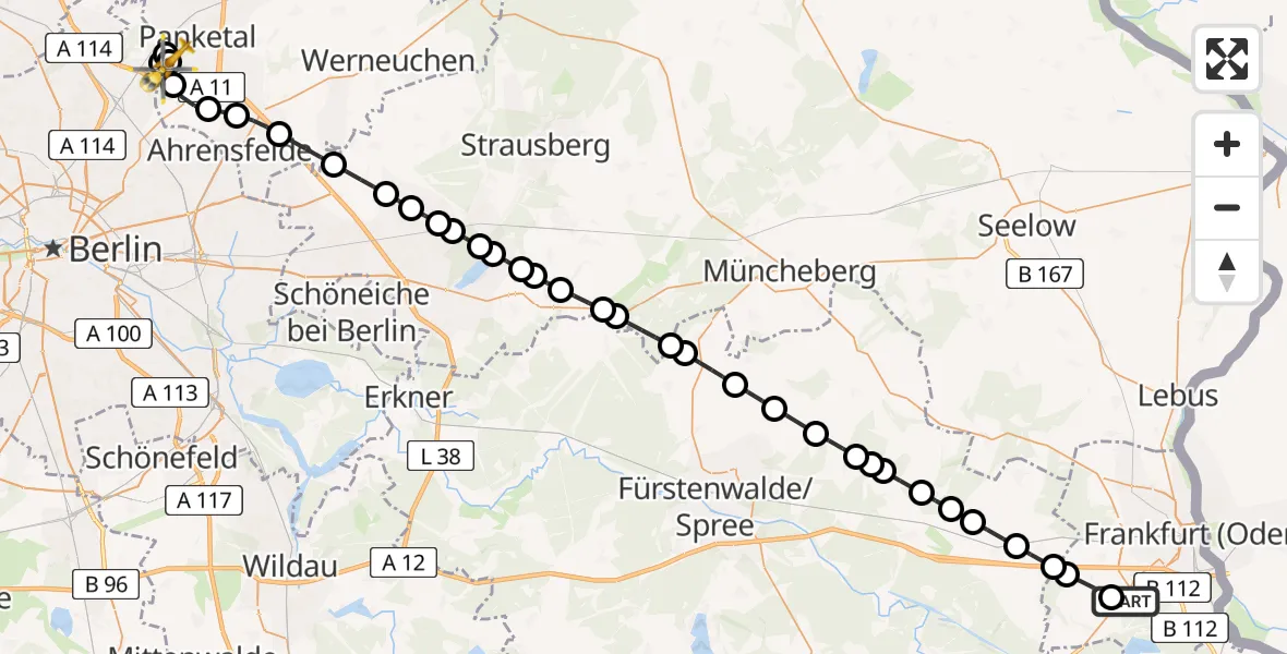 Flugroute Ambulanzhubschrauber Frankfurt (Oder) - Helios Clinic Berlin-Buch, 09 März 2026, 12:23