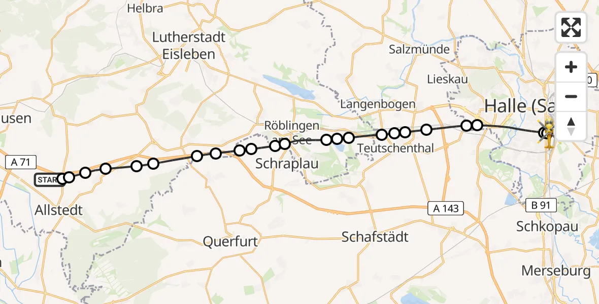 Flugroute Rettungshubschrauber Einzingen - BG Hospital Bergmannstrost Halle, 09 März 2026, 12:24