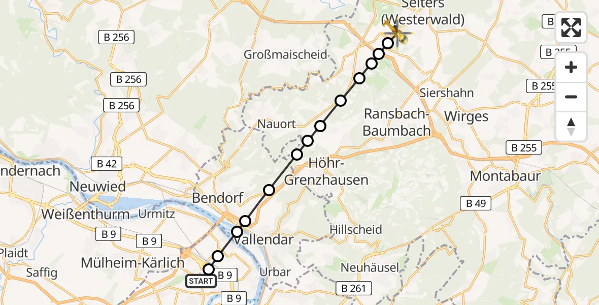 Flugroute Rettungshubschrauber Koblenz - Selters (Westerwald), 09 März 2026, 12:31