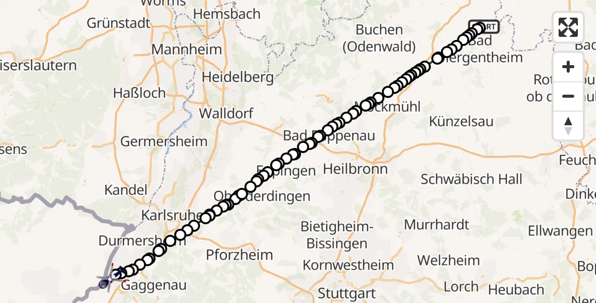 Routekaart van de vlucht: Polizeihubschrauber nach Iffezheim, Betonweg