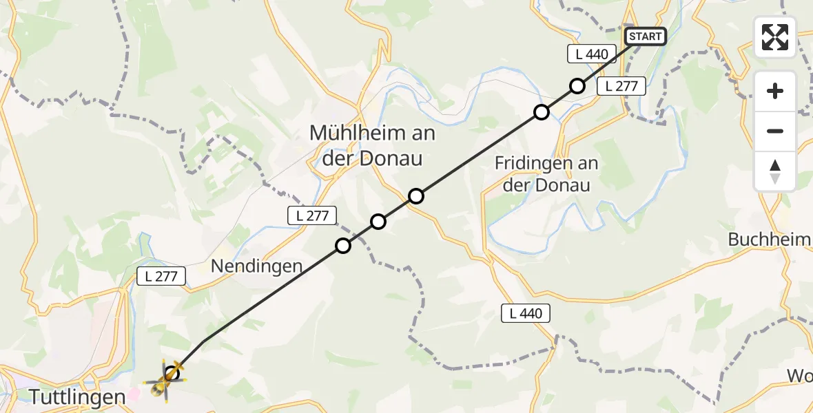 Routekaart van de vlucht: Rettungshubschrauber nach Tuttlingen, Leutenberghangweg
