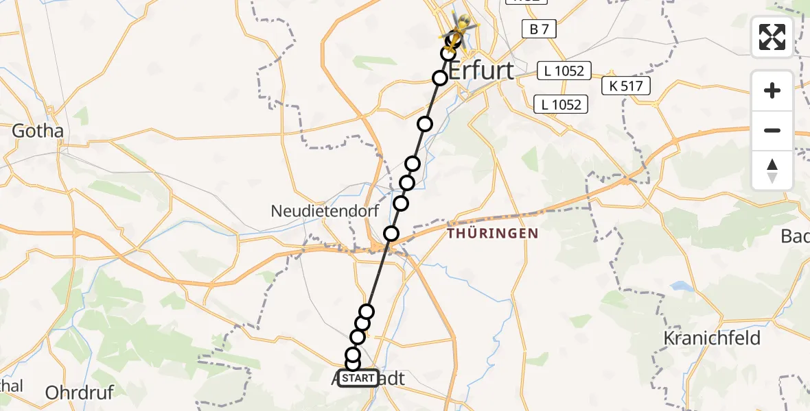 Flugroute Rettungshubschrauber Arnstadt - Helios Clinic Erfurt, 09 März 2026, 12:41