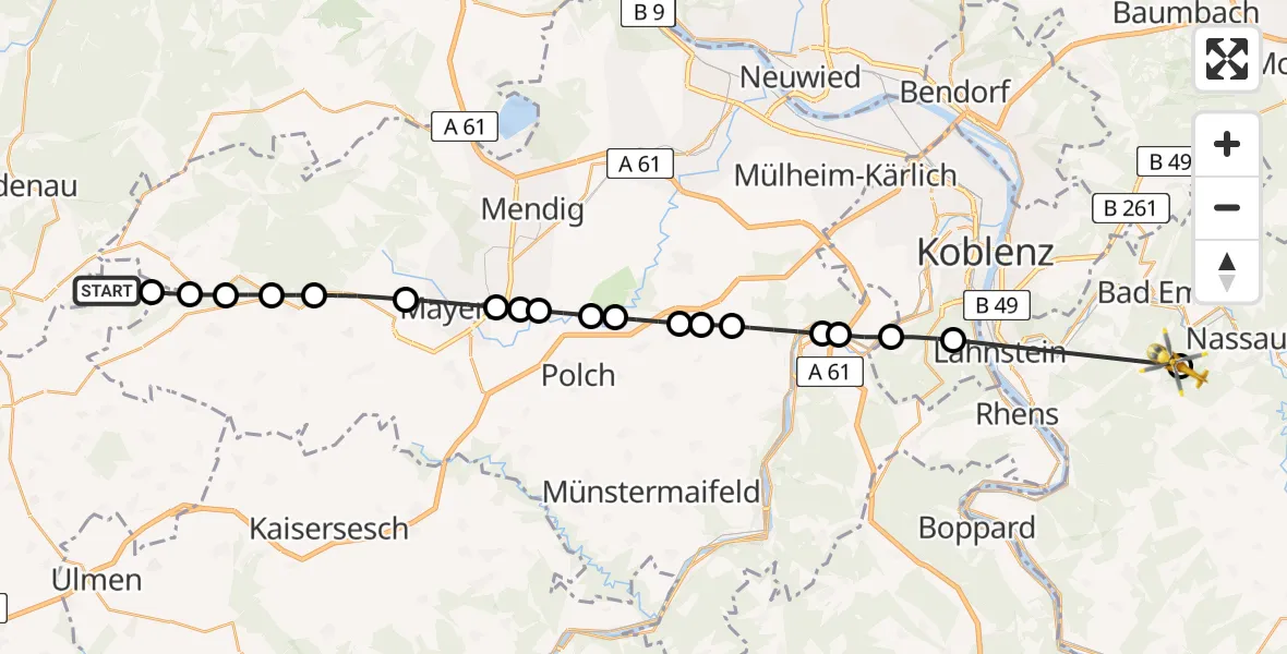 Flugroute Ambulanzhubschrauber Drees - Lahnstein, 09 März 2026, 12:54