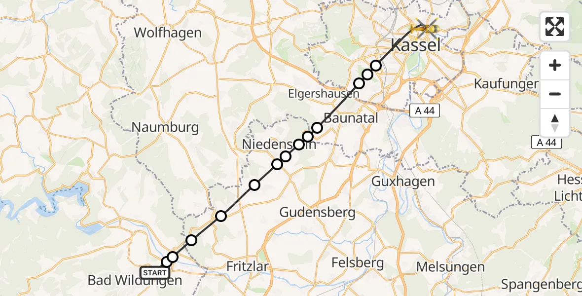 Routekaart van de vlucht: Rettungshubschrauber nach Kassel, Mönchebergstraße