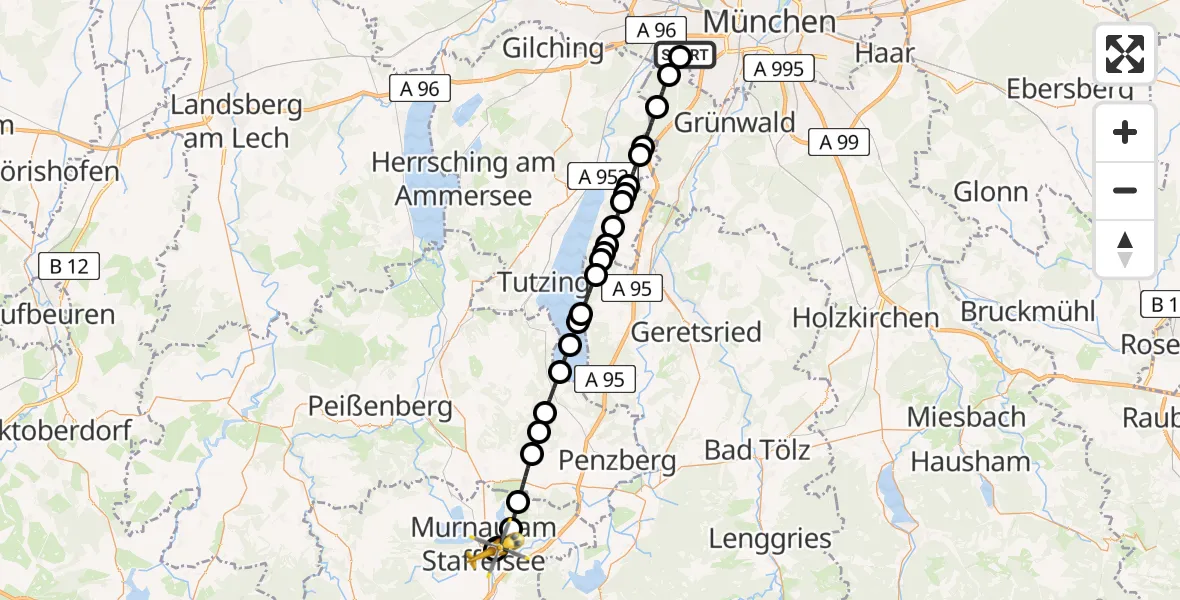 Flugroute Rettungshubschrauber DRF Air Rescue München Heliport - Murnau Accident Hospital, 09 März 2026, 13:07