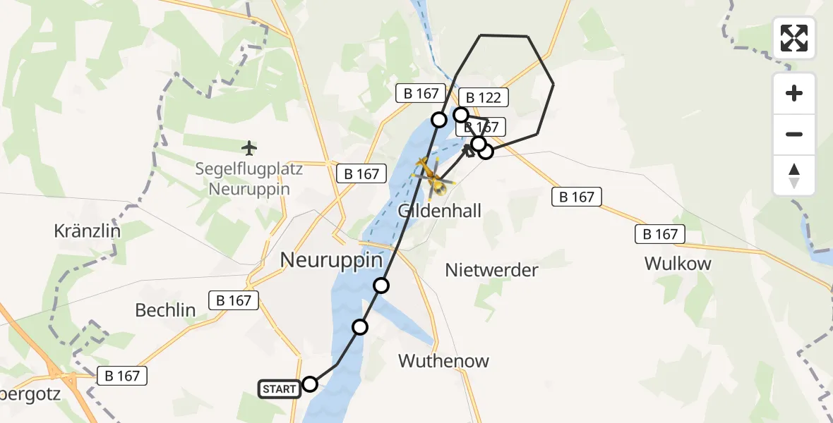 Flugroute Rettungshubschrauber Rupin Hospital - Gildenhall, 09 März 2026, 13:08
