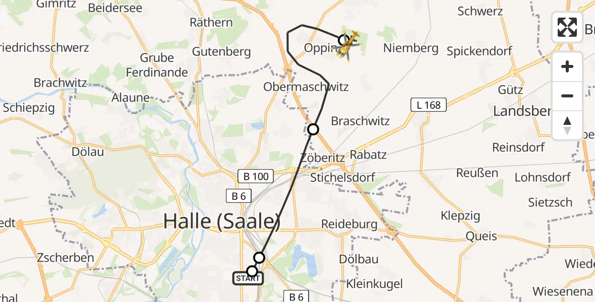 Routekaart van de vlucht: Rettungshubschrauber nach Halle-Oppin Airfield