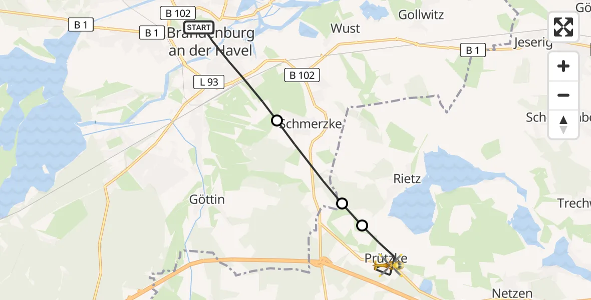 Flugroute Rettungshubschrauber Brandenburg an der Havel - Prützke, 09 März 2026, 13:18