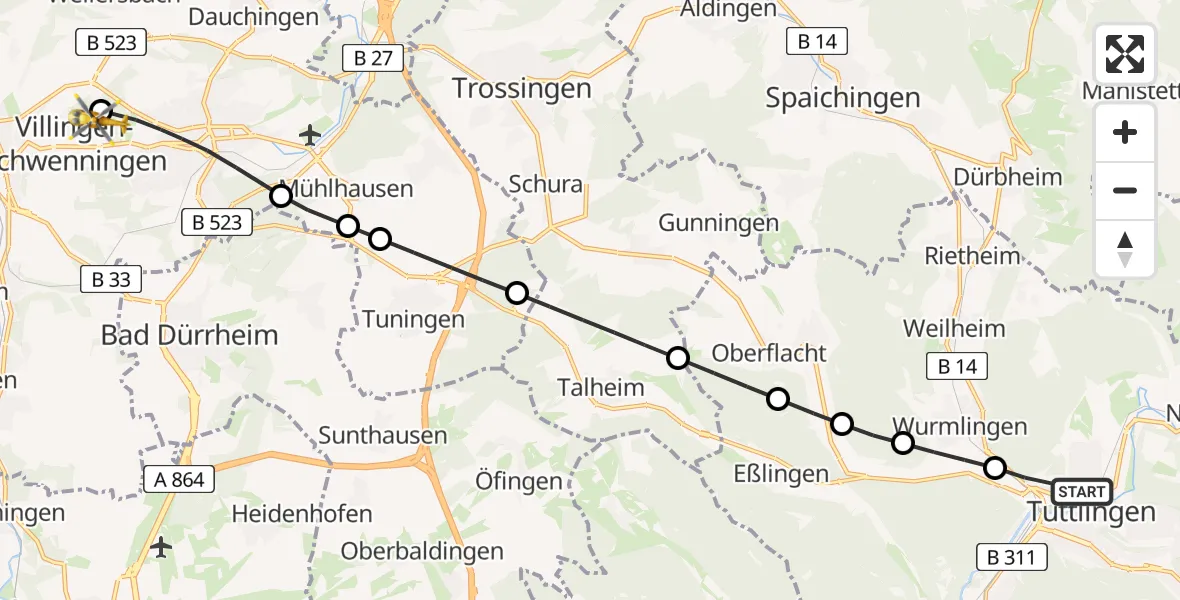 Flugroute Rettungshubschrauber Tuttlingen - DRF Air Rescue Station Villingen-Schwenningen Heliport (Christoph 11), 09 März 2026, 13:19