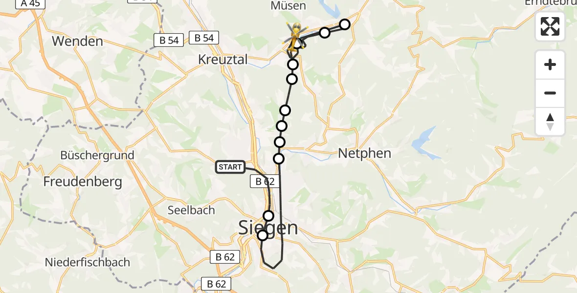 Flugroute Rettungshubschrauber Siegen - Kredenbach, 09 März 2026, 13:22