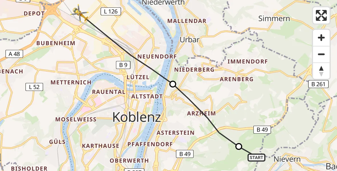 Flugroute Ambulanzhubschrauber Koblenz - Koblenz, 09 März 2026, 13:44