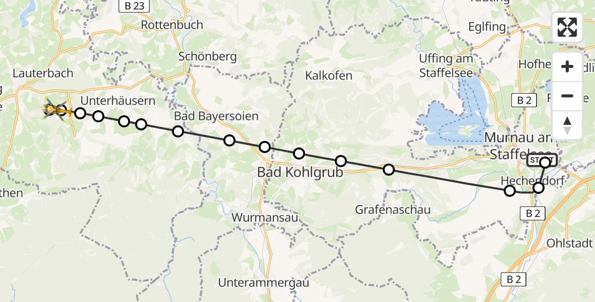 Flugroute Rettungshubschrauber Murnau Accident Hospital - Lauterbach, 09 März 2026, 13:47