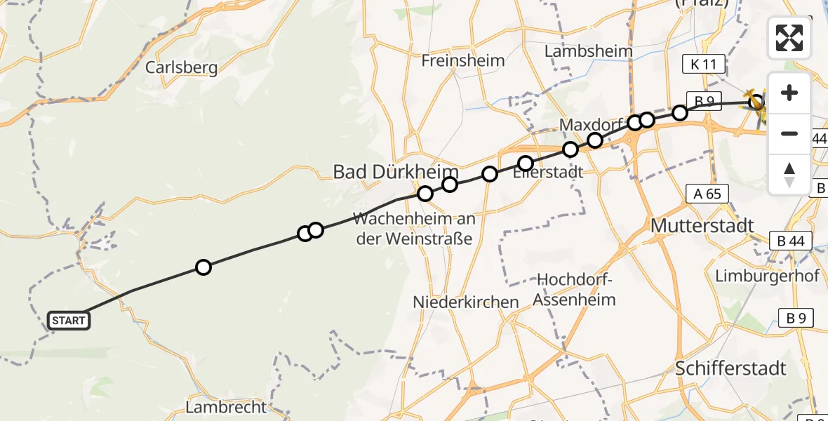 Routekaart van de vlucht: Rettungshubschrauber nach Ludwigshafen Accident Hospital