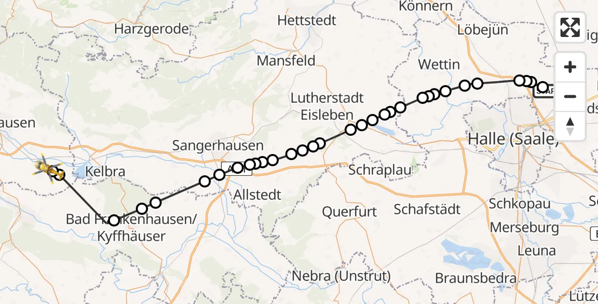 Flugroute Rettungshubschrauber Halle-Oppin Airfield - Heringen/Helme, 09 März 2026, 13:49