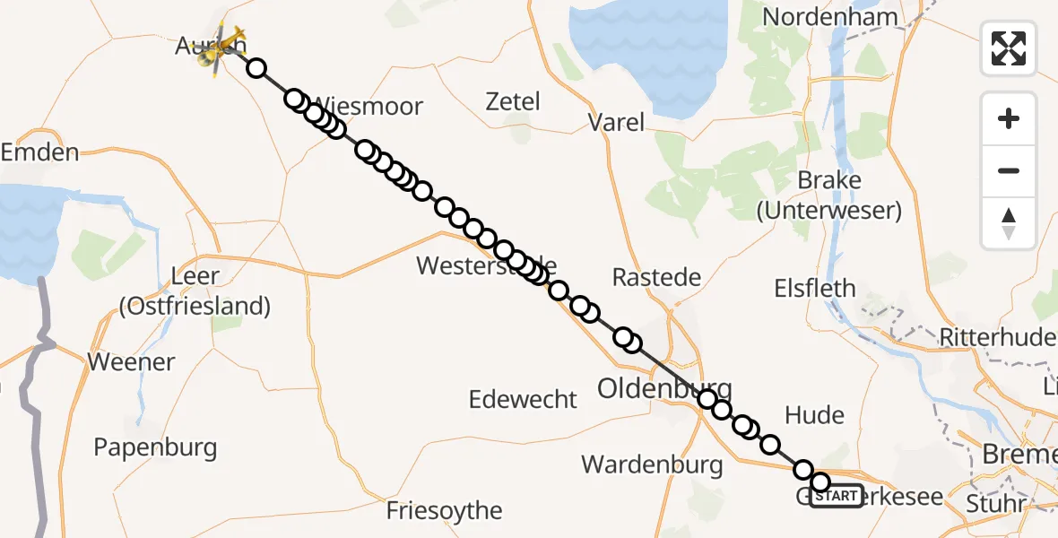 Flugroute Ambulanzhubschrauber Ganderkesee - Aurich, 09 März 2026, 13:51